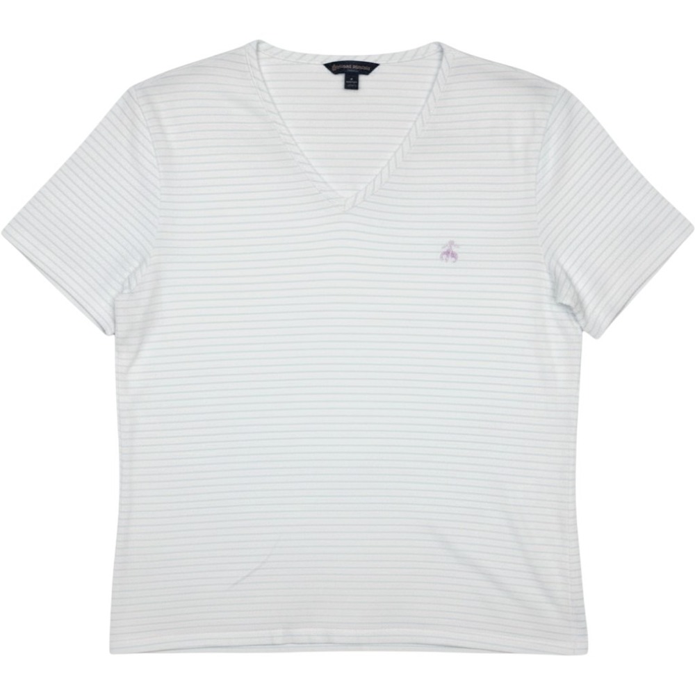 Brooks Brothers Mens V-Neck Striped T-Shirt‎ White Blue Short Sleeve XL